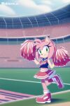  1girl ai_generated amy_rose anthro bare_arms bare_legs bare_midriff bare_shoulders bare_thighs belly_button cheerleader cheerleader_outfit cheerleader_uniform eulipotyphlan furry green_eyes headband hedgehog hedgehog_ears long_hair mammal midriff mobians.ai navel pink_fur pink_hair pink_sneakers pom_poms red_headband sega sneakers sonic_the_hedgehog_(series) stadium stadium_background 