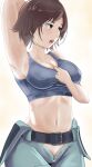 1girl arm_behind_head arm_up armpits belt big_breasts blush bra_tug breasts brown_eyes brown_hair cleavage collarbone covered_erect_nipples high_res kazama_asuka looking_to_the_side namco navel notactualbread open_mouth parted_bangs short_hair simple_background sports_bra steam steaming_body stomach sweat tekken unzipped zipper
