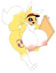  1girl 1girl absurd_res anthro areola big_breasts blue_eyes breasts digimon digimon_(species) furry high_res huge_breasts nipples opqhlak pizza_box renamon simple_background white_background yellow_body 