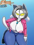 1girl 4_ears anthro areola big_breasts blue_background blue_lipstick bottomwear breasts canid canine clothed clothing curvaceous curvy_figure denim denim_clothing eyewear felid feline fur furry glasses gradient_background grey_hair hair hand_on_hip hand_on_own_hip handbag high_res huge_breasts jacket jeans jewelry jyto leaning leaning_forward lipstick looking_at_viewer makeup mammal mole_(marking) multi_ear necklace nipple_slip one_breast_out pants partially_clothed purse shirt short_hair simple_background sunglasses temmie temmie_(undertale) temren_(jyto) thick_thighs topwear undertale undertale_(series) video_games voluptuous white_body white_fur white_tail wide_hips yellow-tinted_eyewear
