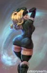  1girl 1girl arms_up blonde_hair capcom cutesexyrobutts hand_behind_head kolin long_hair looking_back shiny shiny_skin skindentation standing stockings street_fighter thick_thighs thighs wavy_hair zettai_ryouiki 