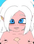  android android_21 big_breasts black_nails blue_eyes breasts dragon_ball dragon_ball_fighterz embarrassed majin_android_21 paizuri pink_skin prissylover21_(artist) white_hair 