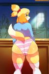 1girl 2018 animal_crossing animal_crossing_new_leaf animal_ears anthro anthrofied ass big_ass big_butt biped black_nose blonde_hair blush butt canid canine canine_humanoid clothed clothing dat_ass digital_media_(artwork) dipstick_tail disembodied_hand dog doubutsu_no_mori female female_only fur furry gif hair hair_tie hand_on_butt inside isabelle_(animal_crossing) jiggle jingle_bell legwear long_ears looking_at_viewer looking_back mammal multicolored_tail nintendo orange-peel panties ponytail presenting rear_view secretary shih_tzu shizue_(doubutsu_no_mori) short_hair stockings tail thick_ass thick_legs thick_thighs underwear video_games white_fur wide_hips yellow_fur