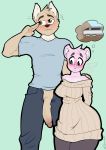 1girl 2018 anthro ass bear big_ass big_penis blue_eyes blush brown_eyes canine clothed clothing duo embarrassed fur furry jeans leggings legwear lilly_(silverboltbw) logan_(silverboltbw) male mammal one_eye_closed original pants penis pink_fur salute shirt silverboltbw size_difference smaller_female smile sweater sweater_dress thick_thighs voluptuous wink wolf