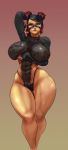  1girl areola arm_under_breasts black_leotard breast_support breasts clothed_navel cutesexyrobutts gradient_background green_eyes highlights huge_breasts leotard looking_at_viewer nipples original solo standing thick_thighs transparent_clothing twin_buns wide_hips 