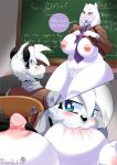  1girl anthro areola big_breasts blush boss_monster breast_suck breasts caprine clothed clothing clothing_lift comic english_text eyewear filtrandez fur furry glasses goat high_res male male/female mammal milk neck_tie nipples nom pussy school shirt shirt_lift skunk student sucking teacher teacher_and_student text toriel undertale video_games white_fur 