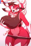  1girl 1girl anthro blush breasts canine civibes digital_media_(artwork) fur furry high_res lycanroc mammal midnight_lycanroc nintendo pok&eacute;mon pok&eacute;mon_(species) simple_background smile tongue video_games white_fur 