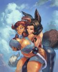  2_girls 2girls animal_ears animal_tail areola areolae_slip asami_sato ass avatar:_the_last_airbender black_hair breast_grab breasts brown_hair cutesexyrobutts female/female female_only fingerless_gloves horns huge_breasts korra licking_lips looking_at_another looking_back monster_girl navel ponytail shiny shiny_clothes shiny_skin sky the_legend_of_korra thick_thighs thighs yuri 