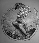  1girl cutesexyrobutts detached_sleeves hair_over_one_eye leviathan_(skullgirls) monochrome sienna_contiello sitting skullgirls squigly_(skullgirls) stitched_mouth wide_hips zombie_girl 
