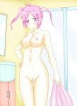  1girl arms bedroom blush breasts breasts_outside digimon legs nude pink_eyes pink_hair pussy rindou_akiho 