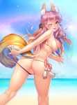 animal_ears animal_tail arms_behind_back ass_focus beach big_breasts bikini_pull blue_sky ears_through_headwear erect_nipples exhibitionism fate/grand_order fate_(series) happy hot invitation long_hair looking_at_viewer looking_back lucknight micro_bikini one_eye_closed pink_hair presenting_anus puffy_pussy strap_gap tamamo_no_mae_(fate) tight_anus tongue_out topless