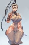  1girl 1girl black_hair capcom cleavage cutesexyrobutts gradient_background ibuki long_hair looking_at_viewer ninja ponytail standing street_fighter thick_thighs thighs toned wide_hips 