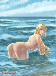  alluring beach bent_over bikini blonde_hair horizonah221 looking_at_viewer mythra mythra_(xenoblade) ocean tagme voluptuous wet xenoblade_(series) xenoblade_chronicles_2 