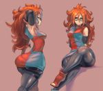  1girl android_21 armpit black_pantyhose cutesexyrobutts detached_sleeves dragon_ball_fighterz dragon_ball_z fully_clothed glasses long_hair looking_at_viewer looking_back orange_hair pantyhose shiny shiny_clothes simple_background sitting thick_thighs thighs wavy_hair wide_hips 