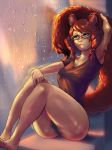  1girl animal_ears animal_tail casimira_(orannis) collar_bone cutesexyrobutts female_only glasses green_eyes monster_girl original panties panty_shot red_hair sitting solo solo_female squirrel_ears squirrel_girl squirrel_tail thick_thighs thighs twin_drills 