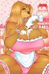  1girl 2018 absurd_res amber_eyes anthro apron big_breasts black_nose breasts cake canine cherrikissu clothing digital_media_(artwork) dog dogmom_(cherrikissu) food frosting furry hair high_res huge_breasts long_hair looking_at_viewer mabel_(cherrikissu) mammal one_eye_closed original saluki thick_thighs tongue tongue_out wink 