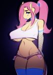  1girl 1girl 2018 anthro anthrofied big_breasts black_eyebrows blue_clothing blue_eyes blue_legwear blue_stockings breasts choker cleavage clothed clothing crop_top cutie_mark digital_media_(artwork) equine eyebrows fishnet fluttershy_(mlp) friendship_is_magic front_view fur furry gradient_background hair high_res horse huge_breasts legwear lipstick long_hair looking_at_viewer makeup mammal midriff my_little_pony pink_bottomwear pink_clothing pink_hair pink_shorts pink_tail pony ponytail portrait shirt shorts simple_background standing stockings three-quarter_portrait tsudamaku watermark white_clothing white_shirt white_topwear yellow_fur 