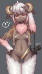  ! 1girl 2017 anthro breasts cameltoe camera caprine chest_tuft clothed clothing dark_skin eyewear furry glasses goat grey_background hair horn looking_at_viewer mammal navel nipples red_eyes simple_background standing tongue tongue_out tuft white_hair wool zinfyu 