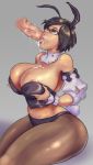  1girl areola areolae_slip black_hair breast_grab breasts bunny_ears bunny_tail bunnysuit cum cum_in_mouth cum_string cum_trail cutesexyrobutts detached_sleeves fellatio final_fantasy final_fantasy_xiv glasses green_eyes huge_breasts midriff navel oral original penis saliva saliva_trail short_hair solo_focus thick_thighs uncenaored 