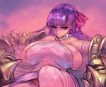  1girl areola areolae_slip breasts cutesexyrobutts fate/grand_order huge_breasts long_hair looking_at_viewer lying on_back passion_lip purple_eyes purple_hair ribbon 