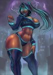  1girl arched_back cleavage_cutout cutesexyrobutts dark-skinned_female dark_skin hoodie looking_at_viewer looking_down midriff navel original ponytail shiny shiny_skin skindentation stockings thick_thighs thighs wide_hips 