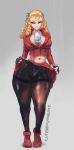  1girl 1girl blonde_hair capcom cleavage curly_hair cutesexyrobutts highleg_panties karin_kanzuki looking_at_viewer midriff navel panties pantyhose red_clothes shiny shiny_skin skindentation skirt_lift standing street_fighter thick_thighs thighs white_panties wide_hips 
