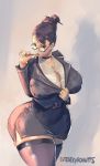  1girl alternate_costume brown_hair capcom choker chun-li cleavage cutesexyrobutts glasses hair_bun looking_at_viewer object_in_mouth pen sexually_suggestive shiny shiny_clothes shiny_skin shirt_pull short_hair simple_background skindentation standing stockings street_fighter thick_thighs thighs wide_hips 