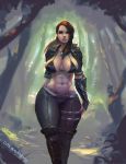  1girl 1girl abs blue_eyes bra breasts cleavage cutesexyrobutts elder_scrolls erect_nipples long_hair looking_at_viewer navel original pursed_lips red_hair shiny shiny_skin skyrim standing thick_thighs thighs toned wide_hips 