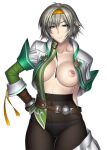  1girl alluring breast_slip breasts cassandra_alexandra collarbone female_only hairband hand_on_hip hips human kansuke nipples one_breast_out open_clothes open_shirt panties panties_under_pantyhose pantyhose removing_skirt shirt silf soul_calibur underwear undressing voluptuous 