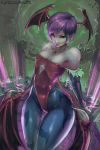  1girl 1girl breasts capcom clothed_navel cutesexyrobutts darkstalkers demon_wings elbow_gloves highleg_leotard leotard lilith_aensland looking_at_viewer pantyhose purple_hair red_eyes red_leotard shiny shiny_clothes short_hair small_breasts thick_thighs thigh_gap thighs thong_leotard wide_hips wings 