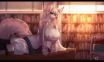 1girl anthro big_breasts breasts canine clothed clothing eyewear furry ghostli glasses library looking_at_viewer makeup mammal mascara nipples smile watermark wide_hips