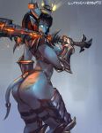  1girl 1girl ass black_hair blue_eyes blue_skin body_writing draenei glowing_eyes horns looking_at_viewer midriff pointy_ears shiny shiny_skin sideboob standing tail thick_thighs thighs weapon world_of_warcraft 