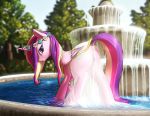  1girl alicorn anus ass cutie_mark female female_only fountain friendship_is_magic fshydale horn looking_at_viewer mostly_nude my_little_pony no_underwear outdoor outside pony princess_cadance pussy solo standing tail three-tone_hair transparent_clothing wings 