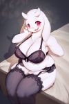  1girl 2:3 anthro anthro_only bed big_breasts blush boss_monster bovid bra breasts caprine clothing female_only floppy_ears fur furniture furry high_res horn lingerie mammal mature_anthro mature_female monster monster_girl open_mouth overweight overweight_anthro overweight_female ring toriel undertale undertale_(series) underwear video_games white_body white_fur whooo-ya 