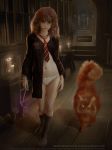  bare_midriff cat crookshanks gedeonandhiscoolchicks harry_potter hermione_granger necktie panties red_hair robe socks tagme wand 