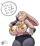  1girl 1girl 2018 anthro belt big_breasts blush breasts buckteeth clothed clothing dialogue digital_media_(artwork) disney english_text freckles_(artist) furry judy_hopps lagomorph long_ears mammal navel nipple_tape open_mouth pants pasties pink_nose purple_eyes rabbit signature simple_background tape teeth text topless unseen_character white_background zootopia 