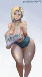  1girl android_18 areola areolae_slip big_breasts blonde_hair breasts cleavage cutesexyrobutts dragon_ball dragon_ball_z gradient_background green_eyes looking_at_viewer midriff navel open_mouth shiny shiny_skin shirt_pull short_hair short_shorts skindentation standing tank_top thick_thighs thighs 