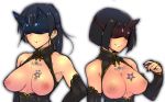  16:10_aspect_ratio 1girl 2_girls areola big_breasts black_hair black_nails breast_tattoo breasts breasts_out_of_clothes em etou_toshiko grin inverted_nipples kitagou_fumika mask medium_breasts multiple_girls nail_polish nipples revealing_clothes short_hair smile tattoo upper_body world_witches_series 