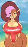  1girl 1girl anthro beach big_breasts breasts clothing furry huge_breasts looking_at_viewer makeup mammal outside rodent seaside seii3 smile squirrel standing swimsuit thick_thighs thigh_gap voluptuous wide_hips 
