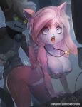  1girl aeris_(vg_cats) anthro big_breasts blue_eyes breasts cat duo feline fur furry green_eyes grey_fur leo_(vg_cats) male male/female mammal nipples oxocrudo pink_fur sex tongue vg_cats 