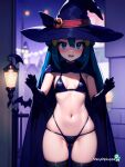  1girl absurd_res ai_generated bikini blue_eyes blue_hair blush cape creatures_(company) dawn female_focus game_freak gloves halloween halloween_costume hat high_res latex_gloves looking_at_viewer navel night night_sky nintendo open_mouth pokemon pokemon_(anime) shinypiplup sky small_breasts stable_diffusion swimsuit witch_hat younger_female 
