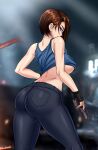 1girl alluring ass big_breasts blue_eyes brown_hair clothed_female female_focus female_only gloves gun jeans jill_valentine looking_at_viewer looking_back mature mature_female pistol resident_evil resident_evil_3 resident_evil_3_remake short_hair skin_tight solo_female solo_focus tagme thick_thighs tight_jeans tight_pants under_boob video_game_character video_game_franchise zantyarz
