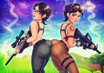ass ass_to_ass big_ass big_breasts breasts dat_ass female fortnite gun looking_at_viewer looking_back shadman therealshadman topless weapon yuri
