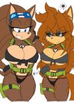1girl 2015 5_fingers akatsukishiranui-fox annoyed anthro big_breasts blue_eyes breasts brown_fur canine cleavage clothed clothing crossed_arms dog_tags eyewear fan_character fineeve_the_wolf_soldier fingerless_gloves front-tie_top fur furry gloves goggles hedgehog huge_breasts jaymi_the_hedgehog knotted_shirt looking_down mammal panties pants sega shirt simple_background smile sonic_oc sonic_the_hedgehog_(series) sunglasses thick_thighs tied_shirt torn_clothing underwear voluptuous white_background wide_hips wolf