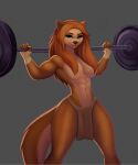  15:16 1girl abs biceps breasts cat_ears cat_girl fit_female furry_only green_eyes grin hair_over_breasts loincloth long_hair looking_at_viewer muscular_female navel orange_body orange_hair orange_skin solo_female tail thick_thighs thighs thong thong_leotard topless weightlifting working_out 