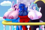 09hankris 1girl 2018 absurd_res anthro areola assisted_exposure balcony big_breasts blue_hair blush breasts closed_eyes clothing cloud digital_media_(artwork) dress equine friendship_is_magic furry group hair half-closed_eyes high_res horn huge_breasts hyper hyper_breasts long_hair mammal marauder6272 multicolored_hair my_little_pony nipples open_mouth open_smile princess_cadance princess_celestia princess_luna sibling sisters sky smile winged_unicorn wings