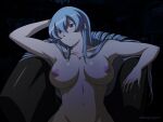 1girl 4:3_aspect_ratio afterproject akame_ga_kill! areola big_breasts blue_eyes blue_hair blush breasts chest_tattoo erect_nipples esdeath high_resolution huge_breasts long_hair looking_at_viewer nipples nude one_arm_behind_head shiny shiny_skin tattoo very_high_resolution