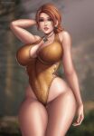  1girl arm_behind_head big_breasts female_focus female_only flowerxl freckles high_res high_resolution long_hair looking_at_viewer solo_female solo_focus the_witcher thick_thighs triss_merigold video_game_character video_game_franchise wide_hips 