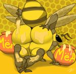  1girl 2_toes antennae anthro arthropod ass bee big_ass black_eyes crown feet foot_focus hindpaw holding_object honey honey_dipper huge_ass insect insect_wings looking_back paws plantigrade queen queen_bee royalty russian_text stick text toes wasp_waist wings zp92 