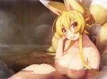  1girl 1girl 1girl :d animal_ears bath bathing big_breasts blonde blush breasts completely_nude fang female_only fox_tail hair_up izuna_(shinrabanshou) kitsunemimi long_hair looking_at_viewer multiple_tails nipples nude open_mouth partially_submerged red_eyes saru_000 shinrabanshou smile steam tail water wet 